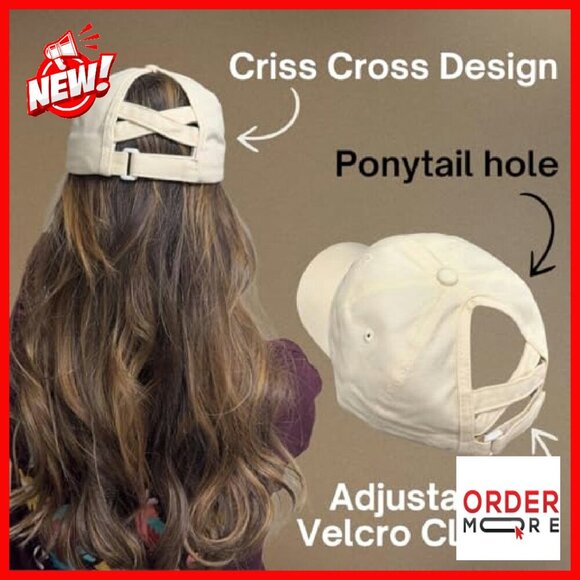Beige Baseball Cap with Ponytail Hole, Adjustable Velcro Closure, Embroidered main image 6